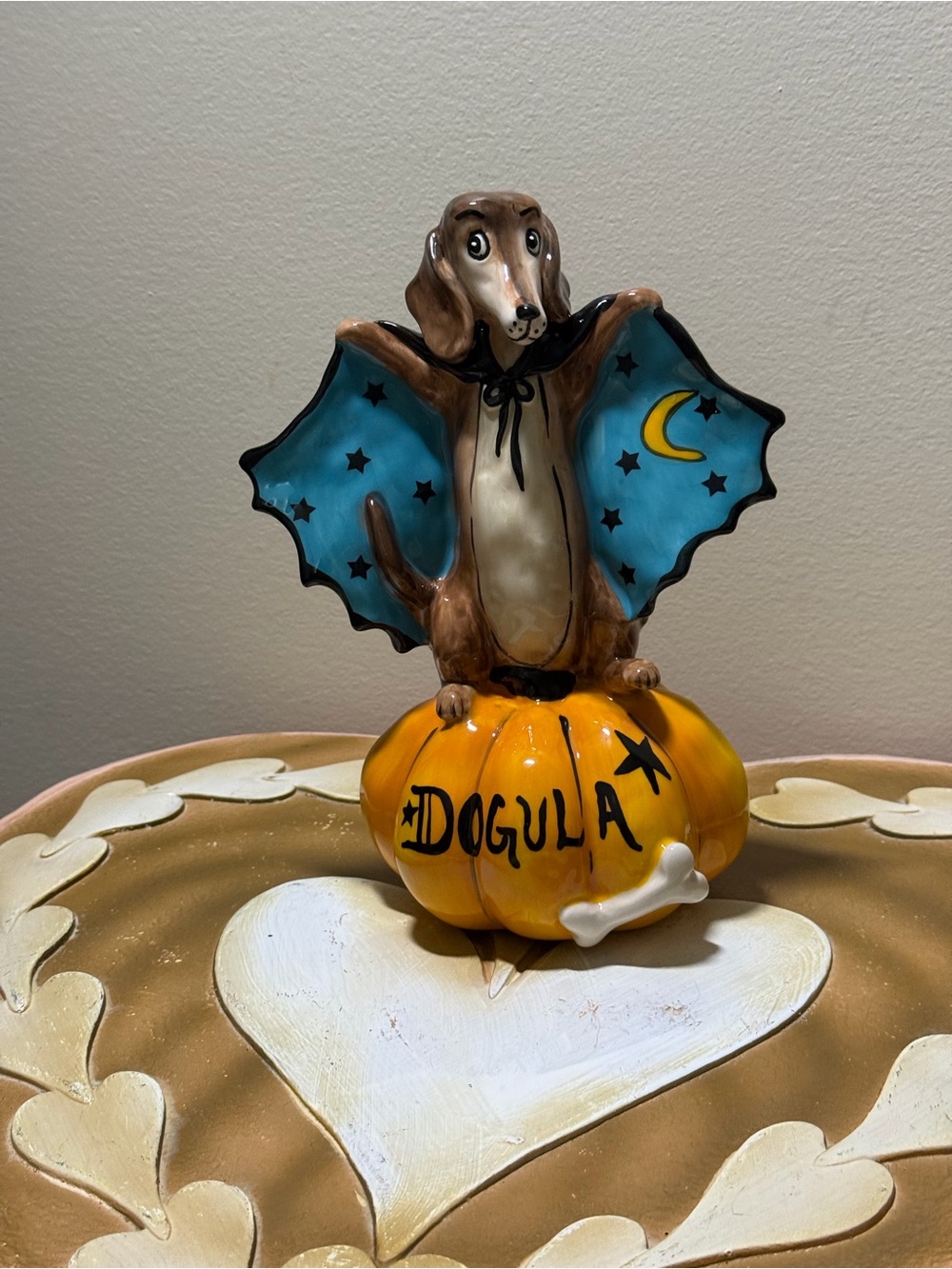Blue Sky Halloween Ceramic Dogula Dachshund on Pumpkin